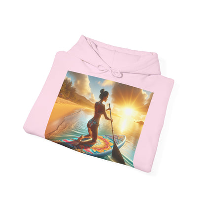 Fantasy Paddleboarding Unisex Hooded Sweatshirt showcased in a chic laid flat position, highlighting the exquisite design featuring a woman paddleboarding at sunset, a perfect blend of comfort and style.