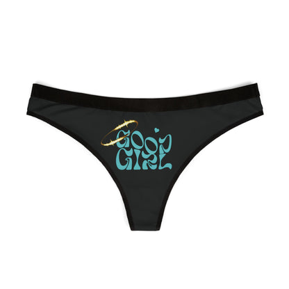 Chic black thong underwear showcasing a bold 'Good Girl' graphic and delicate halo accent, designed for a modern, empowered feminine look.