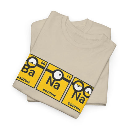 Stacked Men's Funny T-Shirt showcasing the Minions Periodic Table design with Ba, Na, Na symbols. A great choice for a light-hearted outfit. T Shirt, Funny, Minions.
