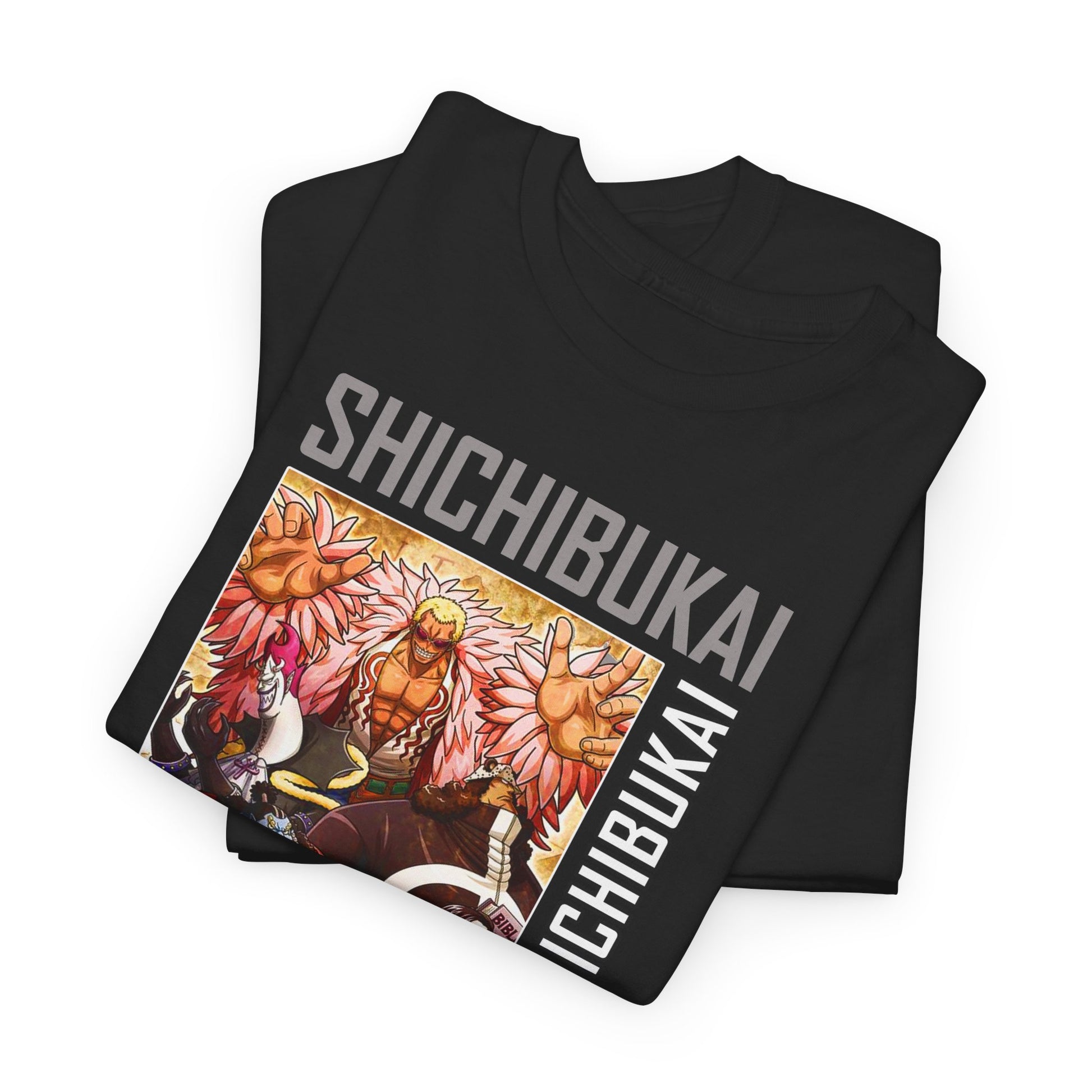 Luxurious stacked black t-shirts showcasing the stunning Shichibukai design, featuring iconic characters in rich detail, ideal for sophisticated anime fans.