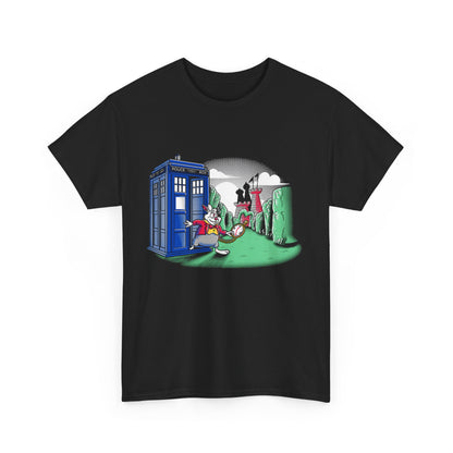Dr Who In Wonderland Unisex Men´s Women´s Graphic T Shirt Tee featuring a cartoon-style design with a vibrant blue police box and a whimsical rabbit character in a lush, stylized landscape.