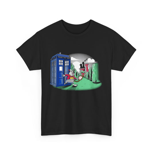 Dr Who In Wonderland Unisex Men´s Women´s Graphic T Shirt Tee featuring a cartoon-style design with a vibrant blue police box and a whimsical rabbit character in a lush, stylized landscape.