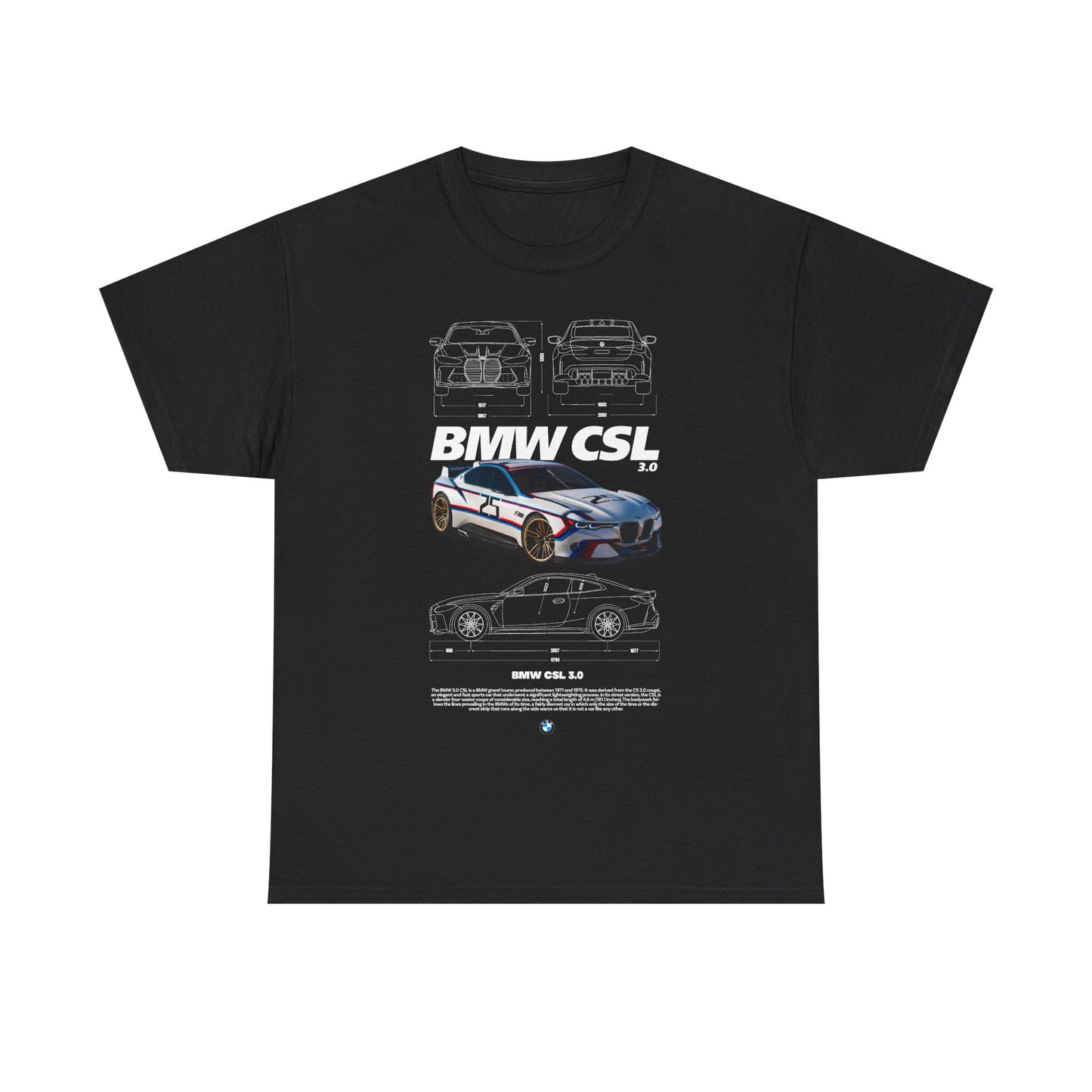 Exclusive men's black T-shirt adorned with a stunning BMW CSL 3.0 race car illustration, complemented by technical drawings and bold typography—ideal for stylish car lovers.