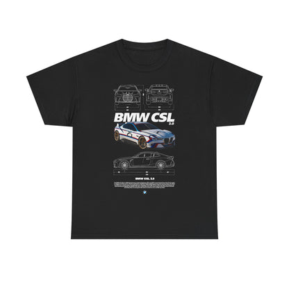 Exclusive men's black T-shirt adorned with a stunning BMW CSL 3.0 race car illustration, complemented by technical drawings and bold typography—ideal for stylish car lovers.