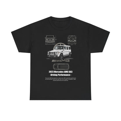 Elegant black men's t-shirt displaying the 2023 Mercedes-AMG G63 design with intricate vehicle sketches, epitomising luxury and automotive expertise.