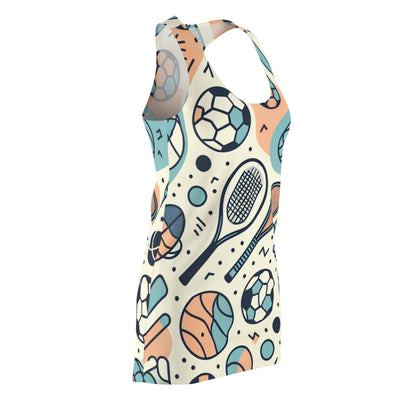 Pastel Racerback Sports Pattern Dress featuring abstract art with basketballs and soccer balls, a unique combination of sports and femininity.