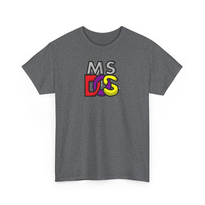 Front view of the charcoal grey Unisex MS DOS Logo Graphic Tee, adorned with a classic MS-DOS logo, offering a sophisticated nod to vintage technology.