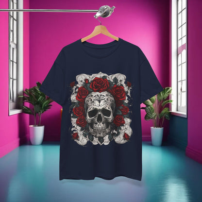 The Skulls and Roses Cotton Tee displayed on a hanger in a vibrant indoor setting, highlighting its unique skull design with roses.