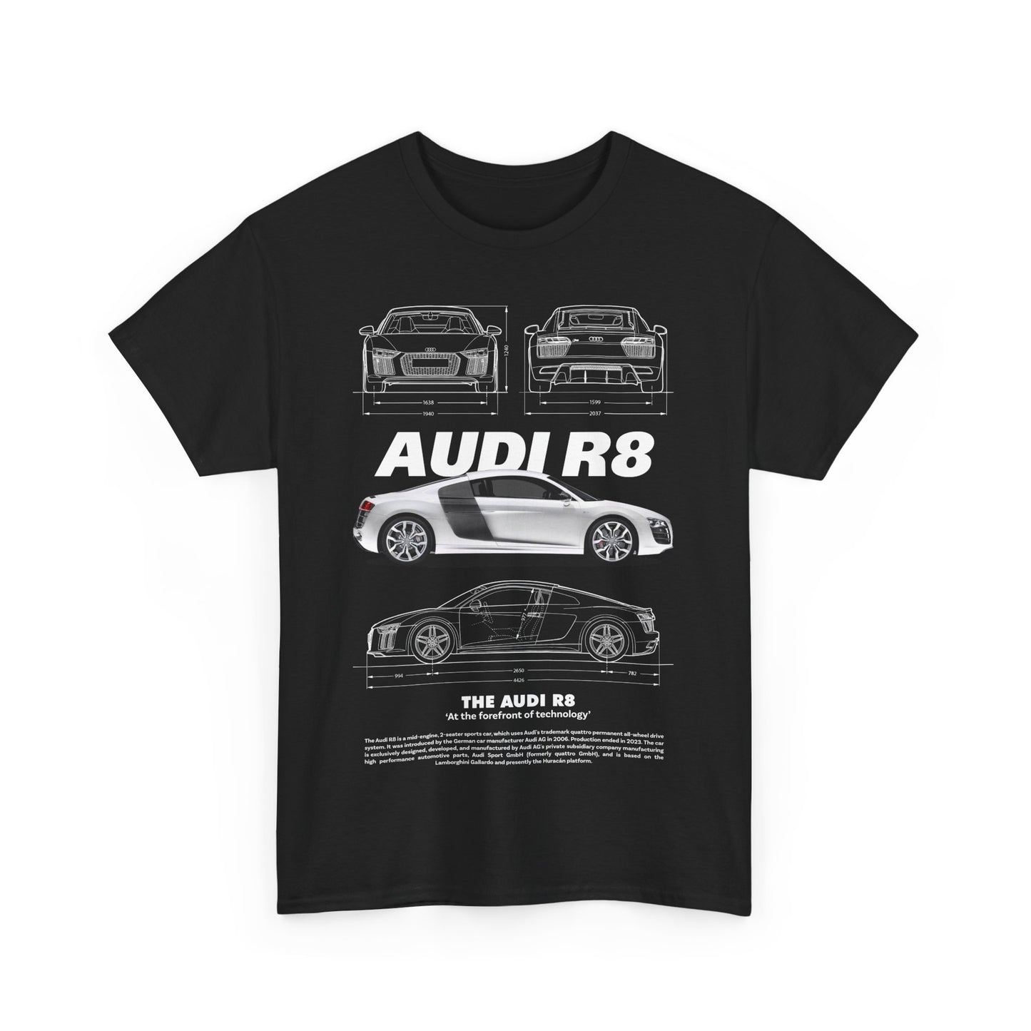 Front view of a stylish black men's t-shirt featuring a detailed Audi R8 design, showcasing performance and elegance.