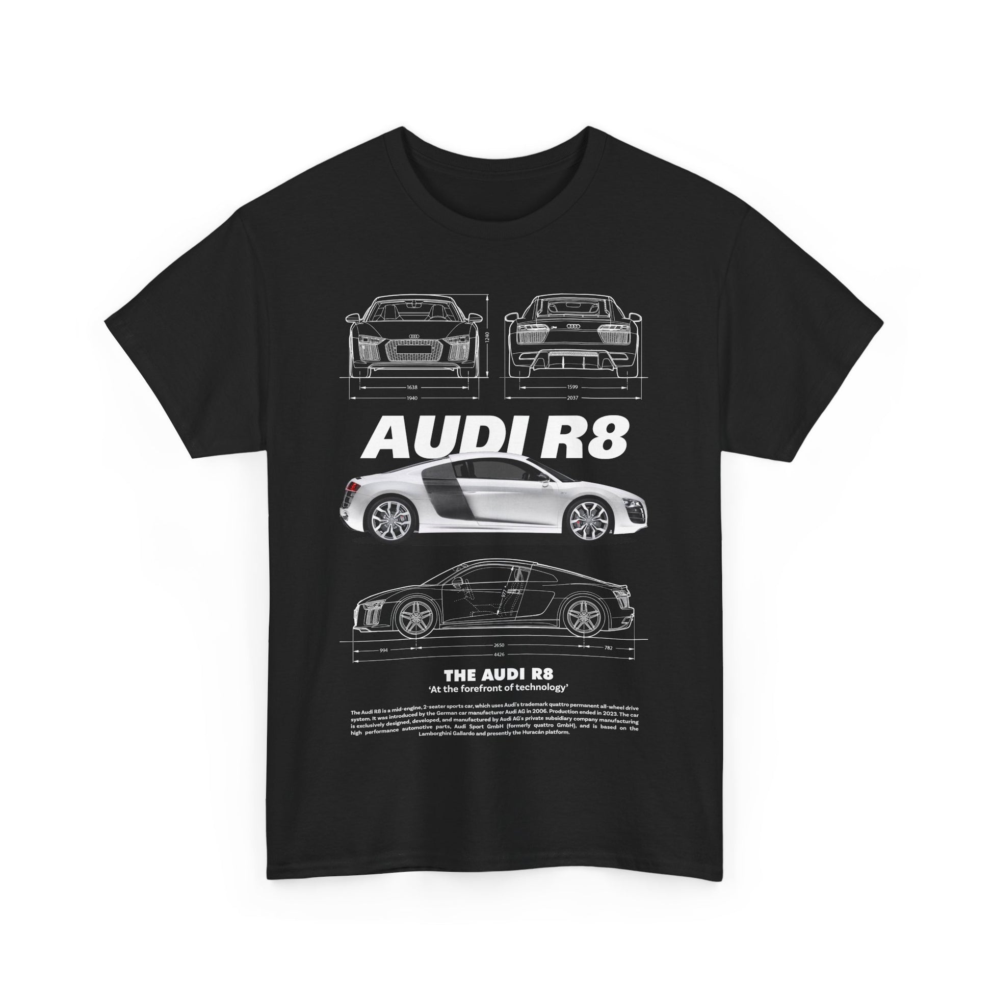 Front view of a stylish black men's t-shirt featuring a detailed Audi R8 design, showcasing performance and elegance.