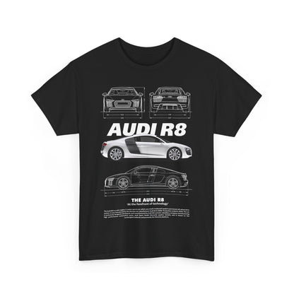 Stylish black t-shirt adorned with an Audi R8 graphic, exemplifying craftsmanship and sophisticated automotive design.