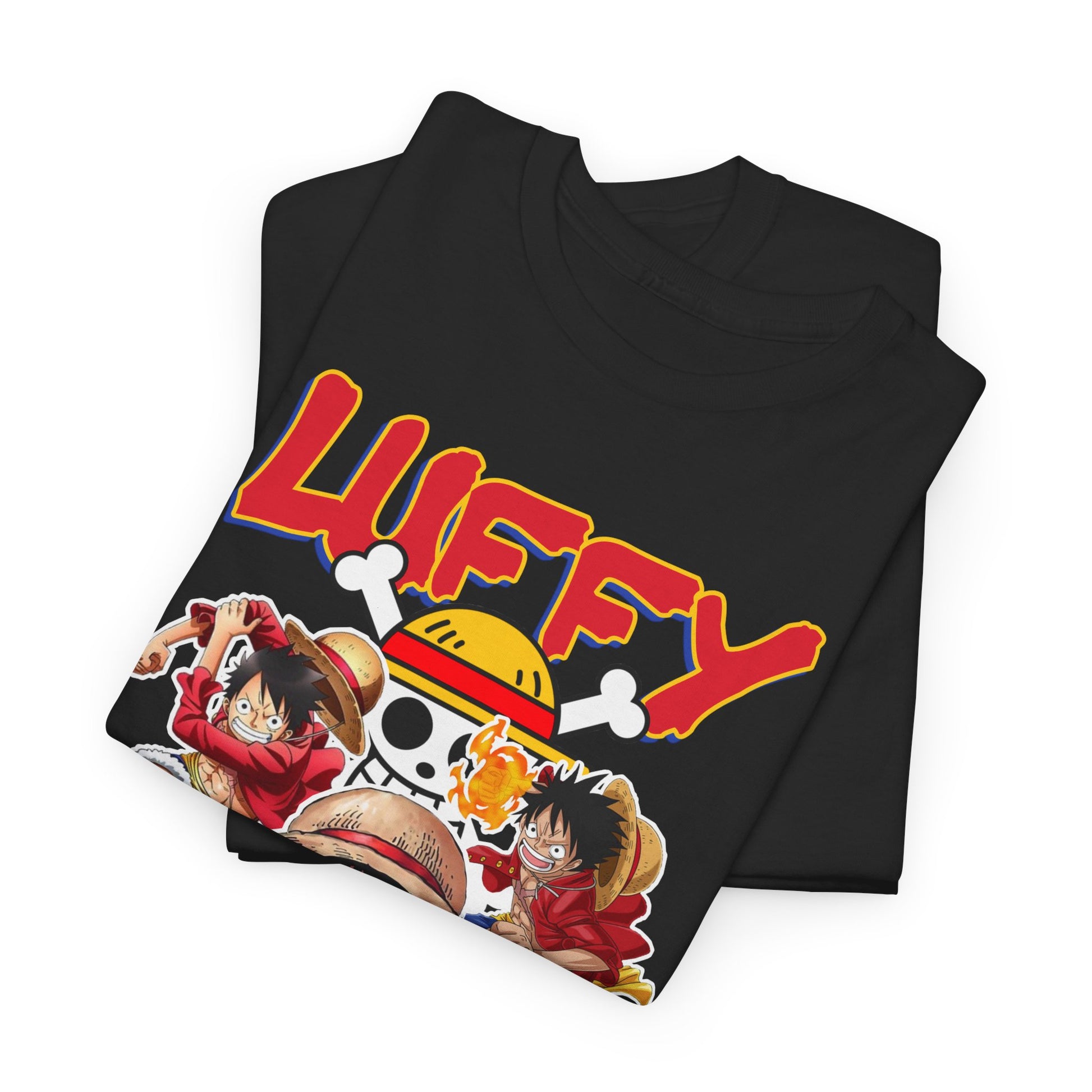 Plush folded black t-shirts featuring 'One Piece' characters, including Luffy, exuding luxury and comfort for passionate anime aficionados.