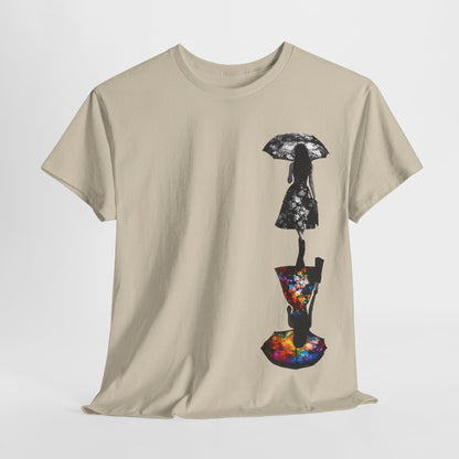Duality Dreams Unisex T-Shirt featuring an artistic floral design, showcasing a silhouette of a woman with an umbrella in classic black and white and a vibrant floral pattern, perfect for sophisticated style.