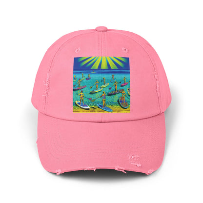 Chic Unisex Distressed Paddleboarders Cap adorned with an illustrated paddleboarding scene, offering both elegance and sun protection for discerning water enthusiasts.