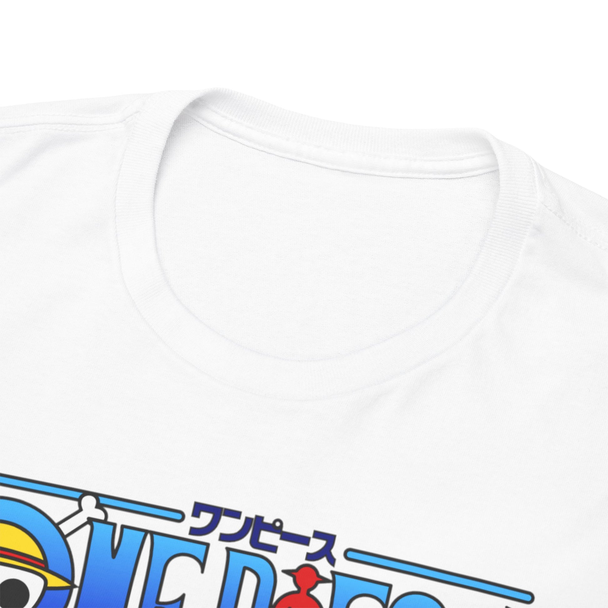 Close-up of the collar detail of a luxurious One Piece Akainu T-Shirt, illustrating high-quality fabric and intricate printing of the renowned One Piece logo, reflecting elegance and passion for anime.