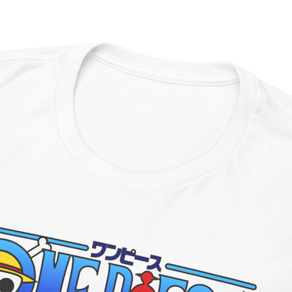 Close-up of the collar detail of a luxurious One Piece Akainu T-Shirt, illustrating high-quality fabric and intricate printing of the renowned One Piece logo, reflecting elegance and passion for anime.