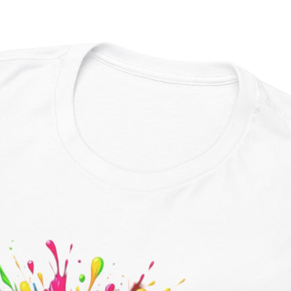 Close-up of a Funny T-Shirt's neckline, showcasing the vibrant Minion paint splash design. Perfect unisex tee for bringing a fun twist to casual wear.