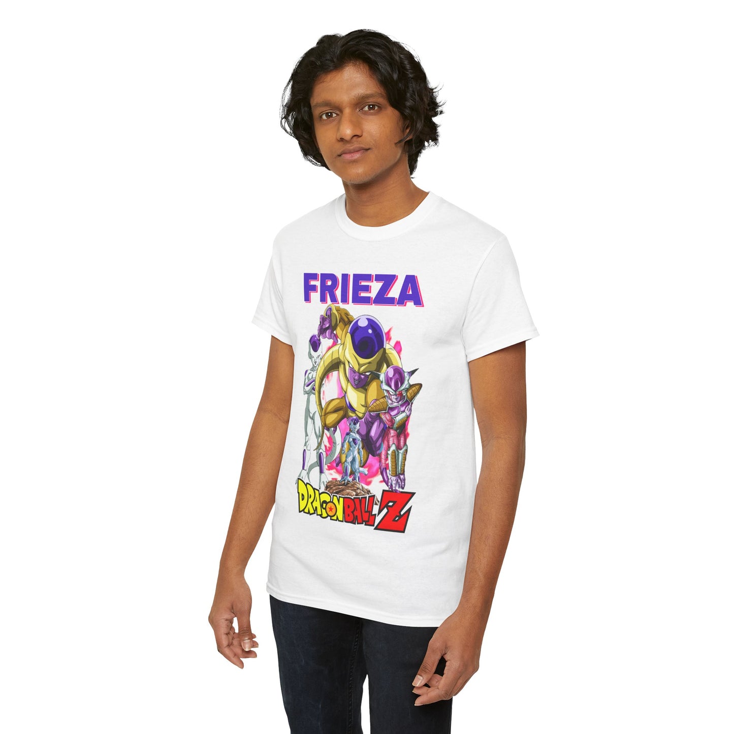 Elegant Frieza T-shirt with a dynamic poster-style print of the Dragon Ball Z character Frieza, highlighted by a vivid colour palette, perfect for casual wear or anime conventions.