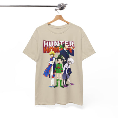 Elegant Hunter x Hunter T-shirt displayed on a hanger, featuring a dynamic group illustration of beloved anime characters against a soft beige backdrop, perfect for stylish anime aficionados.