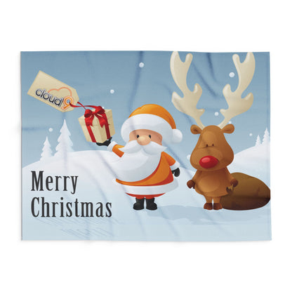 Luxurious Decorative and Warm Christmas Arctic Fleece Blanket showcasing Santa holding a gift and a cute reindeer, ideal for holiday celebrations and creating a cozy atmosphere.