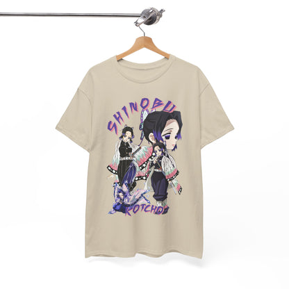 Chic hanging display of a Shinobu Kocho T-shirt, showcasing striking anime graphics and a modern fit, perfect for fashion-conscious anime aficionados.