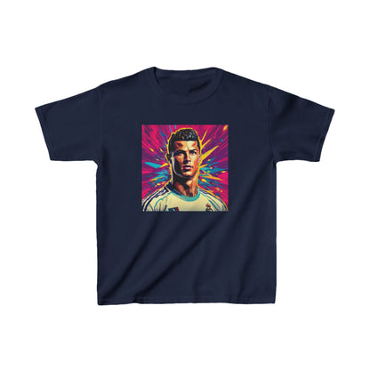 Luxurious Kids Cristiano Ronaldo Heavy Cotton T-Shirt in navy blue featuring a vibrant graphic of Cristiano Ronaldo, perfect for young football fans.