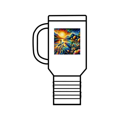 Elegant Fantasy Paddleboarding 40oz Insulated Stainless Steel Travel Mug showcasing a captivating sunset and scenic landscape, perfect for outdoor enthusiasts.