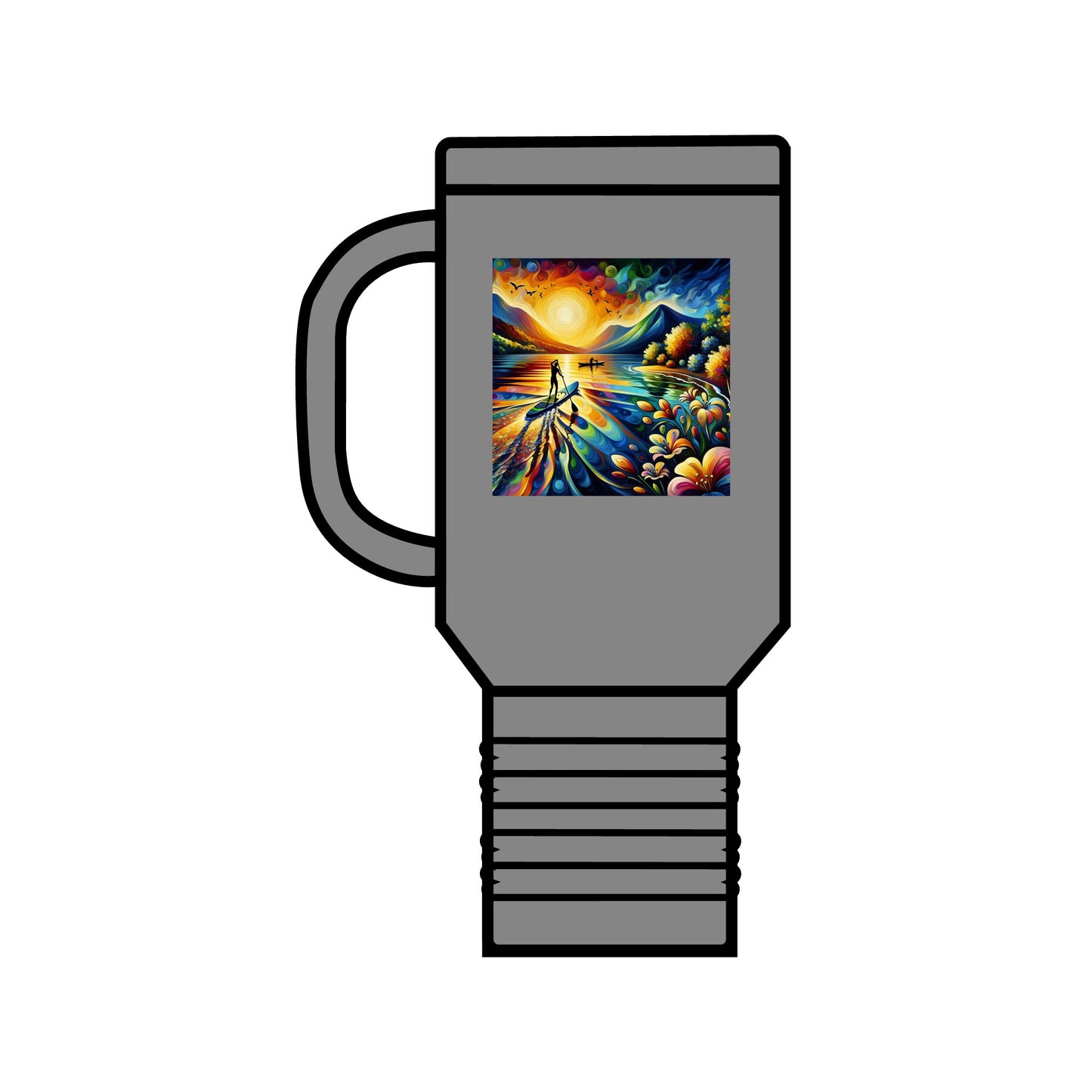Sleek Fantasy Paddleboarding 40oz Insulated Stainless Steel Travel Mug displaying bright colours of nature with a serene sunset, tailored for those who love adventures.