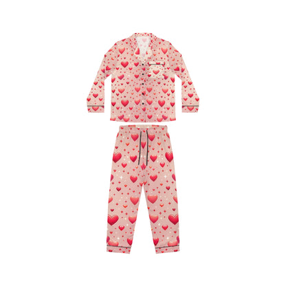 Luxury Women's Satin Pajamas Set with Custom Design, Notch Lapel and Drawstring Waist, featuring a playful heart pattern in shades of pink and red on a soft background, perfect for a stylish night in.