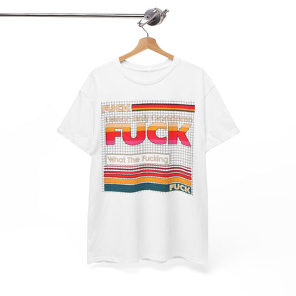 Retro Pop Art Unisex Men's Women's Graphic Cotton Funny T-Shirt Tee Vintage displayed on a hanger, showcasing bright colours and humorous text.
