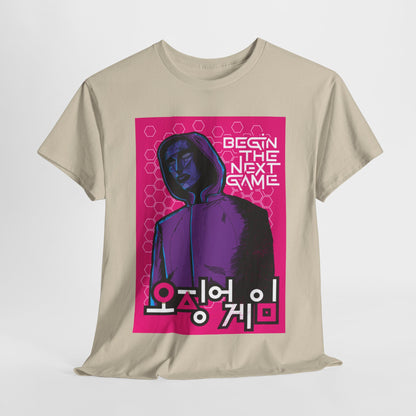 Elevate your wardrobe with the Squid Game Unisex Men’s Women’s Graphic Cotton Funny T-Shirt. This stylish street urban tee features a bold design inspired by the iconic Netflix series, showcasing a character in a vibrant graphic with the phrase 'BEGIN THE NEXT GAME.' Perfect for those who embrace individuality and humour in fashion.
