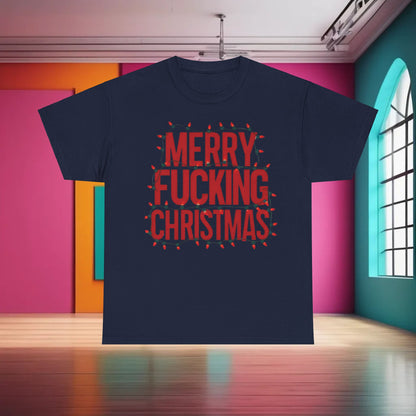 Merry Christmas Graphic T-Shirt Urban Unisex Cotton Tee in navy, showcasing a striking red text with Christmas lights, ideal for stylish festive attire.