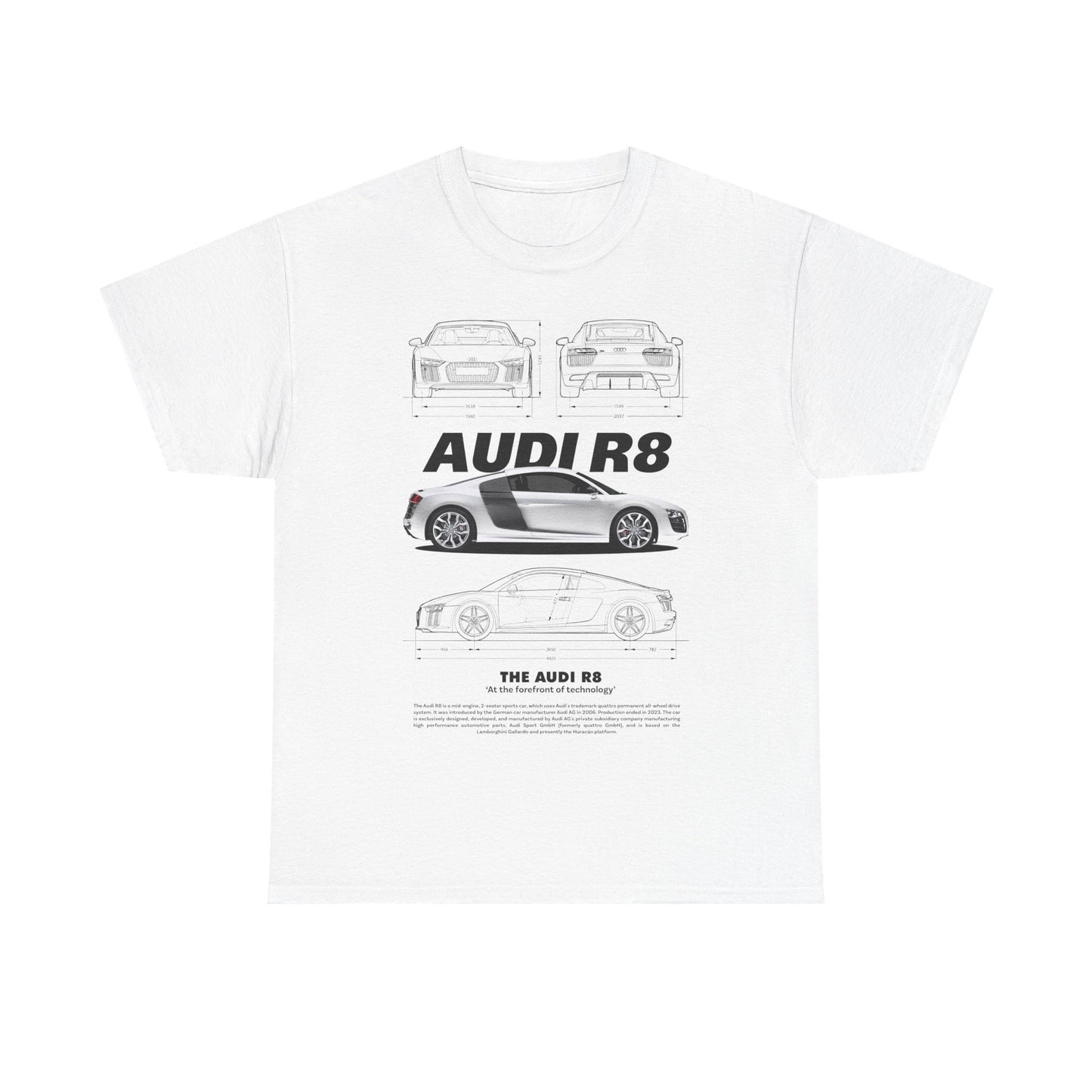 Luxury white men's t-shirt featuring a detailed graphic design of the Audi R8, showcasing front, side, and rear views with the tagline 'The Audi R8: At the forefront of technology'.