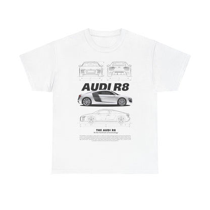 Luxury white men's t-shirt featuring a detailed graphic design of the Audi R8, showcasing front, side, and rear views with the tagline 'The Audi R8: At the forefront of technology'.