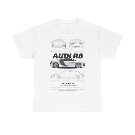 Luxury white men's t-shirt featuring a detailed graphic design of the Audi R8, showcasing front, side, and rear views with the tagline 'The Audi R8: At the forefront of technology'.