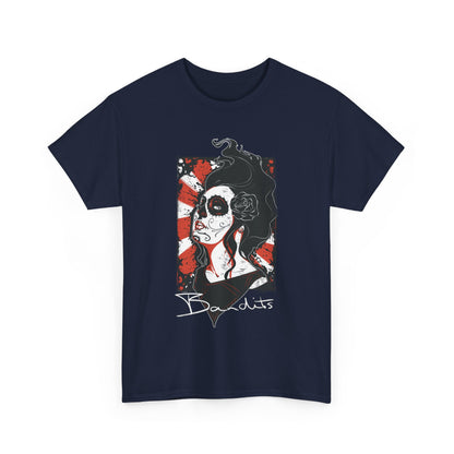 Exquisite front view of a navy men's t-shirt featuring a bold sugar skull graphic design, embodying gothic artwear with intricate detailing and a captivating artistic flair.