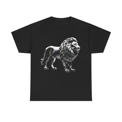 Sophisticated Silver Majestic Lion Graphic T-Shirt in black, a premium unisex cotton item featuring a bold silver lion design, ideal for urban style.