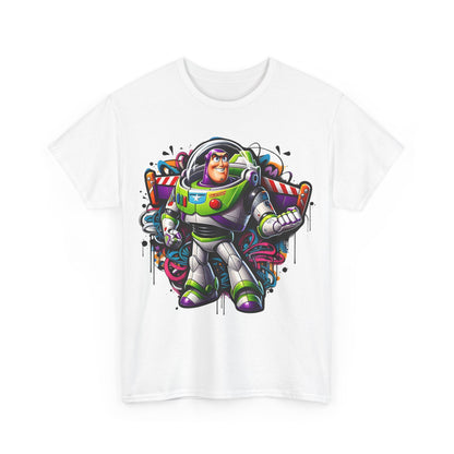 Front view of the Buzz Lightyear Graffiti Unisex Graphic Tee – Vibrant Space Ranger Design in Relaxed Fit, adorned with a striking graphic of Buzz Lightyear, set against vibrant splashes of colour.