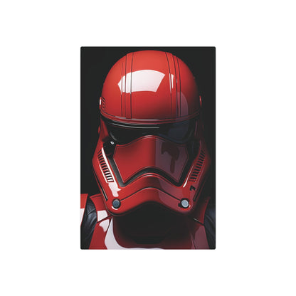 Crimson Stormtrooper Metal Art Poster, featuring a close-up of a striking red Stormtrooper helmet. A luxury addition to Star Wars decor, showcasing high-quality detailing and a bold design, perfect for enhancing your home or office space.