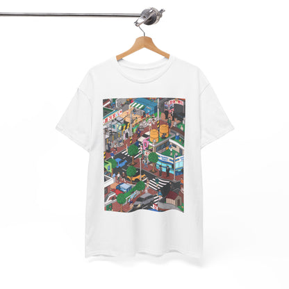 Stylish unisex tee elegantly hung, highlighting unique city artwork, a must-have for discerning fashion admirers.