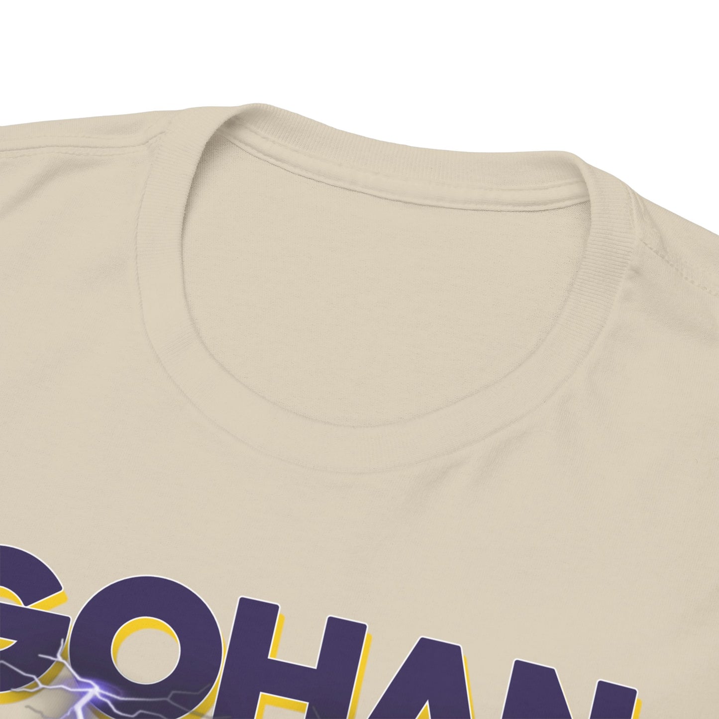 Close-up of the Gohan Ascends T-Shirt detailing the luxurious fabric and bold typography.