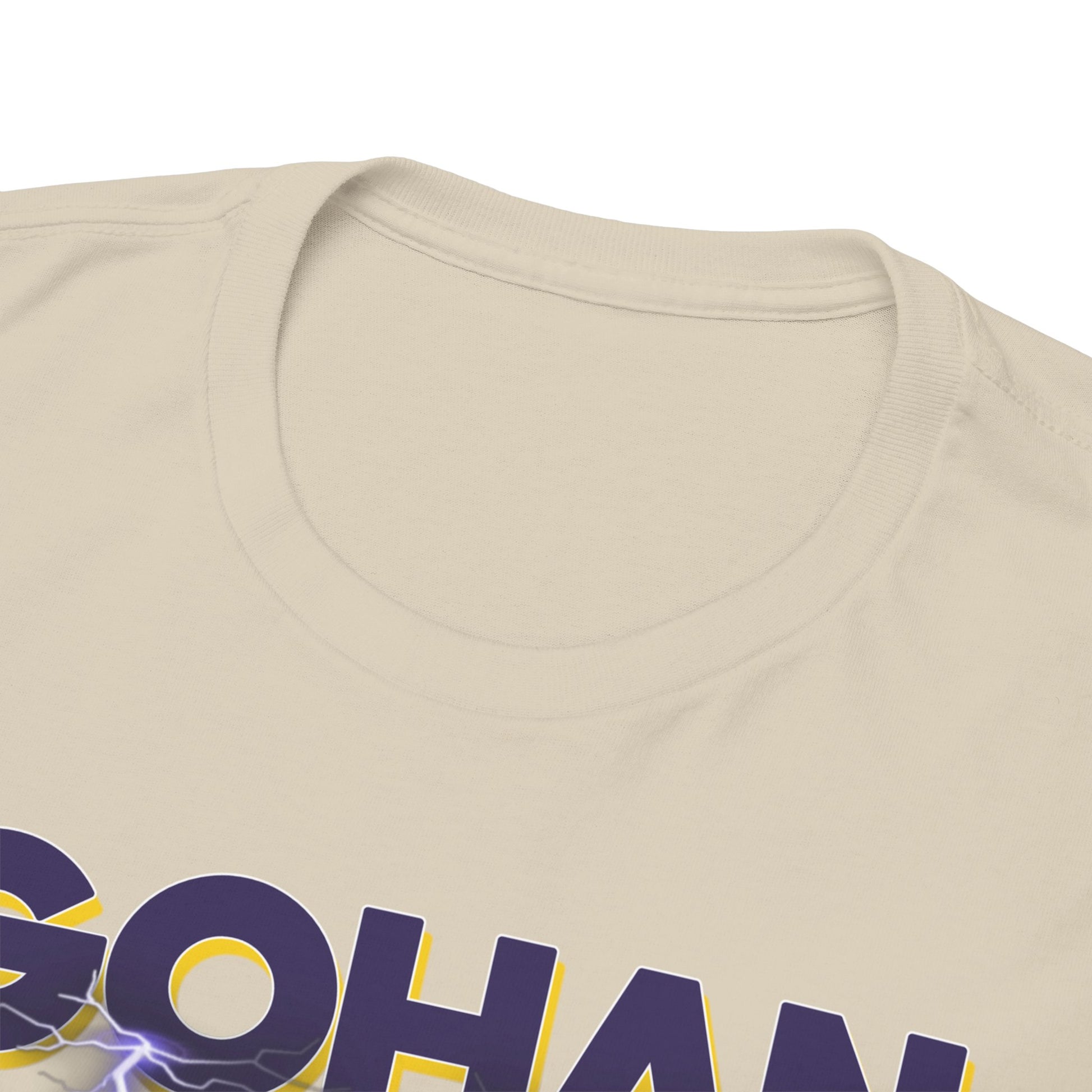 Close-up of the Gohan Ascends T-Shirt detailing the luxurious fabric and bold typography.