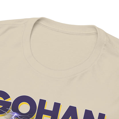 Close-up of the Gohan Ascends T-Shirt detailing the luxurious fabric and bold typography.