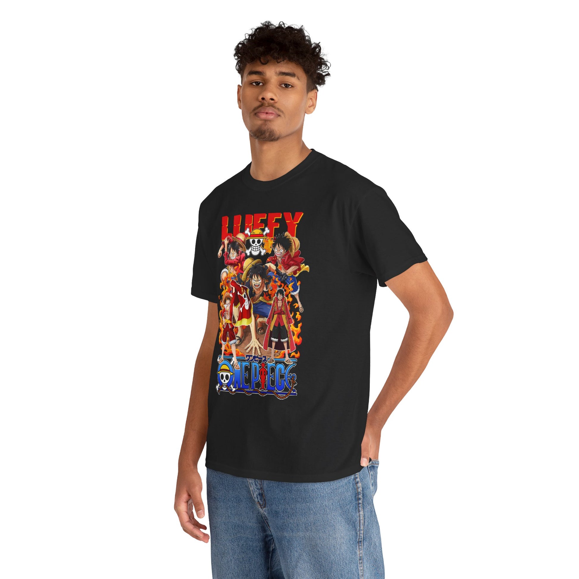 A fashionable model wearing a striking black anime t-shirt, prominently displaying animated characters in a fiery backdrop, exuding a bold sense of style and adventure.