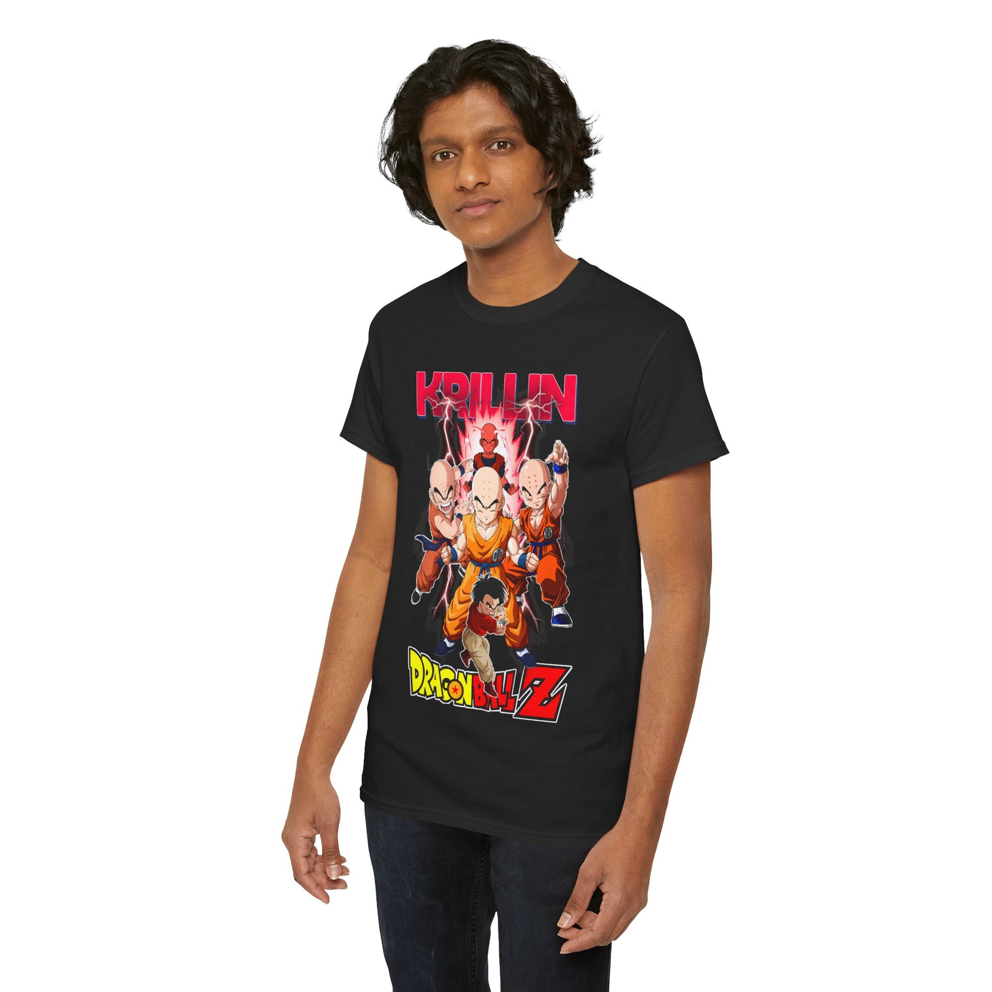Elegant male model showcasing a high-quality black T-shirt featuring Krillin and Z Fighters from Dragon Ball Z, designed for anime enthusiasts and collectors.