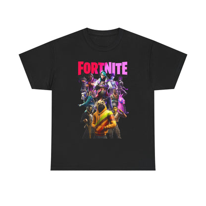 Luxurious Fortnite-themed black T-shirt featuring a vibrant design with iconic characters in a kaleidoscope of colours, showcasing bold personalities and gaming passion.