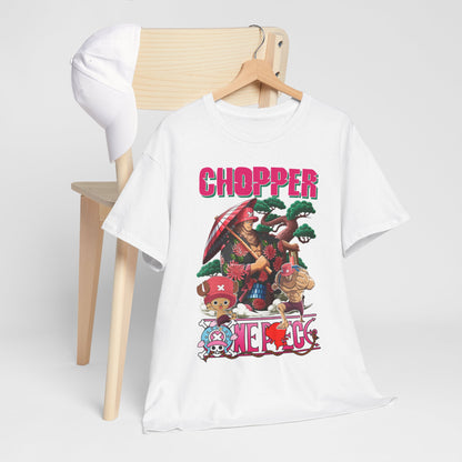 Sophisticated men's t-shirt adorned with an artistic Chopper design, showcased on a wooden hanger, perfect for casual or fashionable outfits.