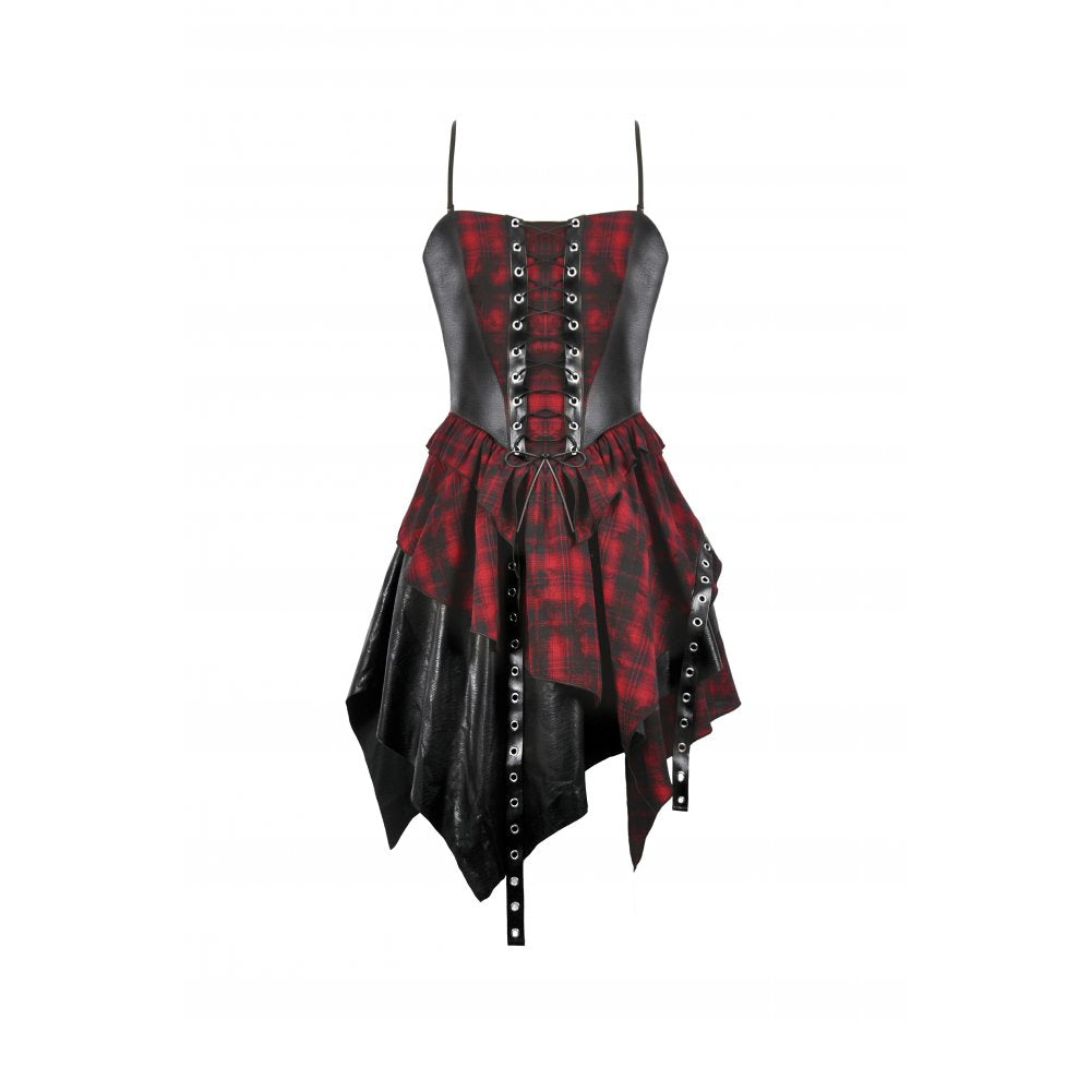 Full-length shot of model wearing the Dark In Love red tartan corset punk dress, embodying elegance and edge, ideal for nights out and festivals.