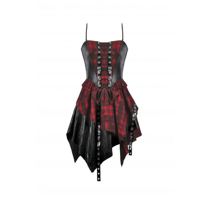 Full-length shot of model wearing the Dark In Love red tartan corset punk dress, embodying elegance and edge, ideal for nights out and festivals.