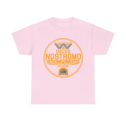 USCSS Nostromo Graphic Unisex Tee Shirt in pastel pink, emblazoned with the Nostromo logo, ideal for those passionate about sci-fi fashion.